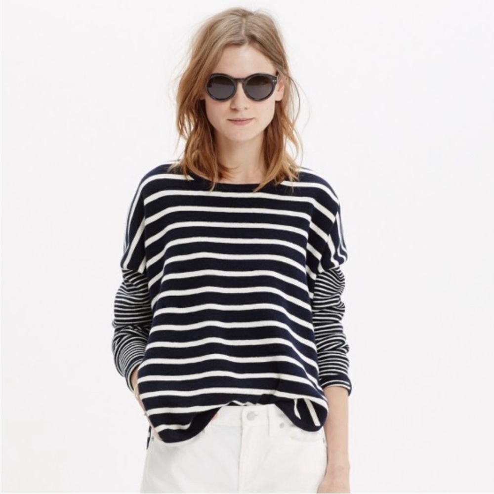 Madewell Curved Hem Navy Mixed Stripe Sweater